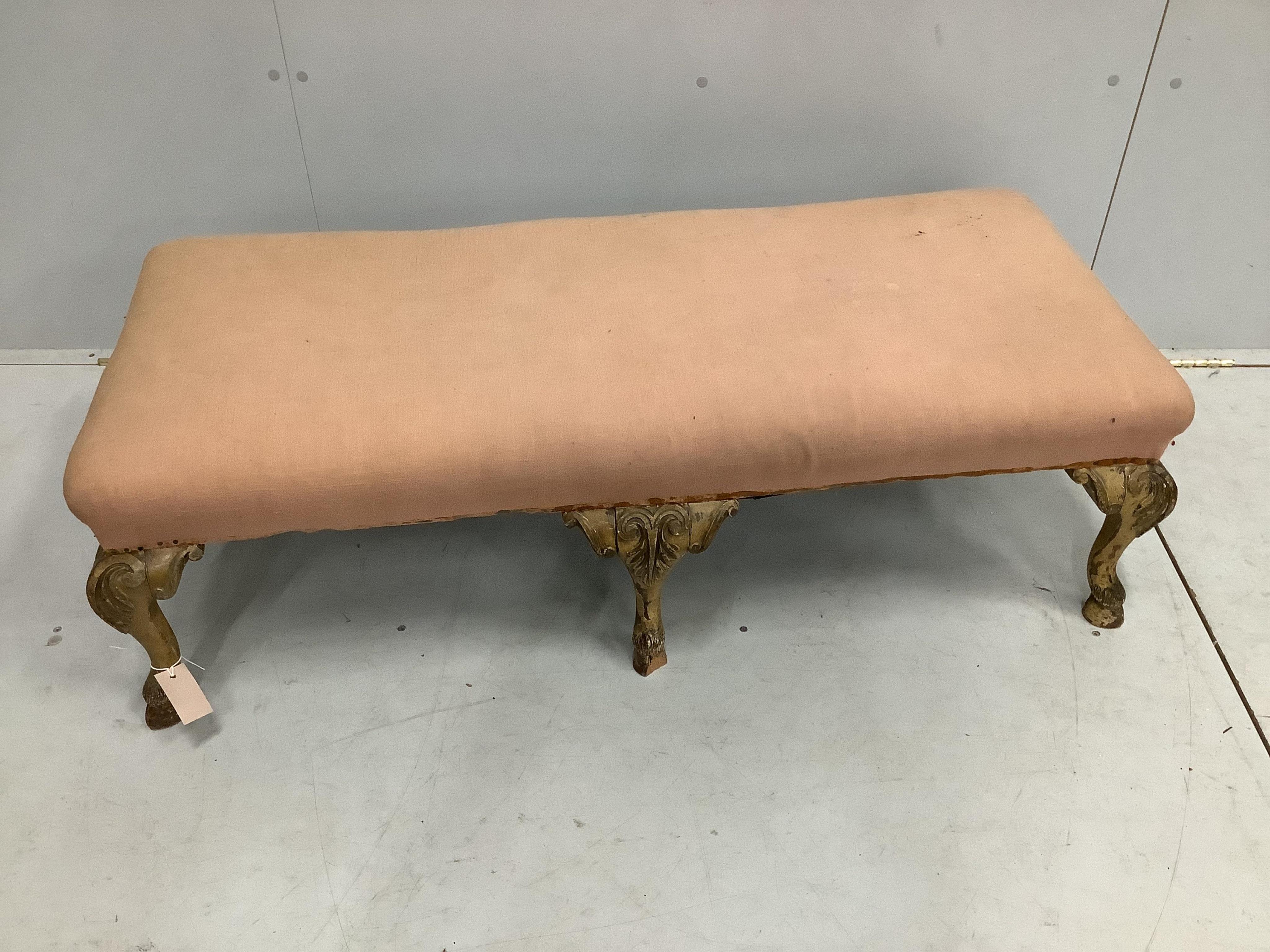 A George I style rectangular upholstered footstool, width 120cm, depth 50cm, height 36cm. Condition - poor to fair